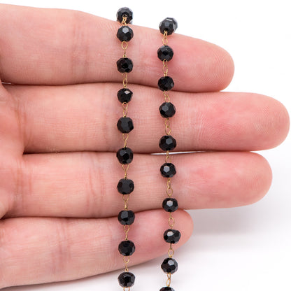 Crystal Faceted Round Bead Chain, Raw Brass Beaded Chains, 4mm Black (#LK-044-1)/ 1 Meter=3.3ft