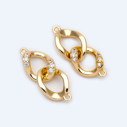 4pcs Micro Pave Chain Connector, Gold plated Brass Links with 2 Loops, CZ Rhinestone Pave Charm Pendants (GB-2197-A)