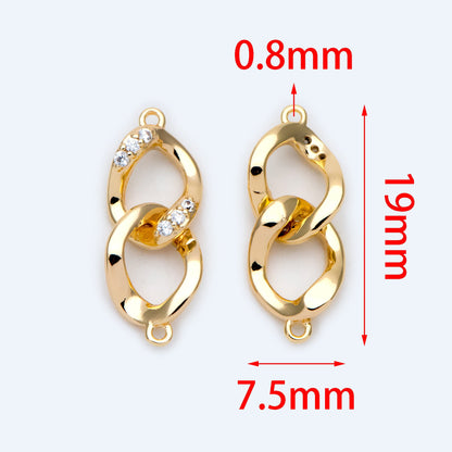 4pcs Micro Pave Chain Connector, Gold plated Brass Links with 2 Loops, CZ Rhinestone Pave Charm Pendants (GB-2197-A)