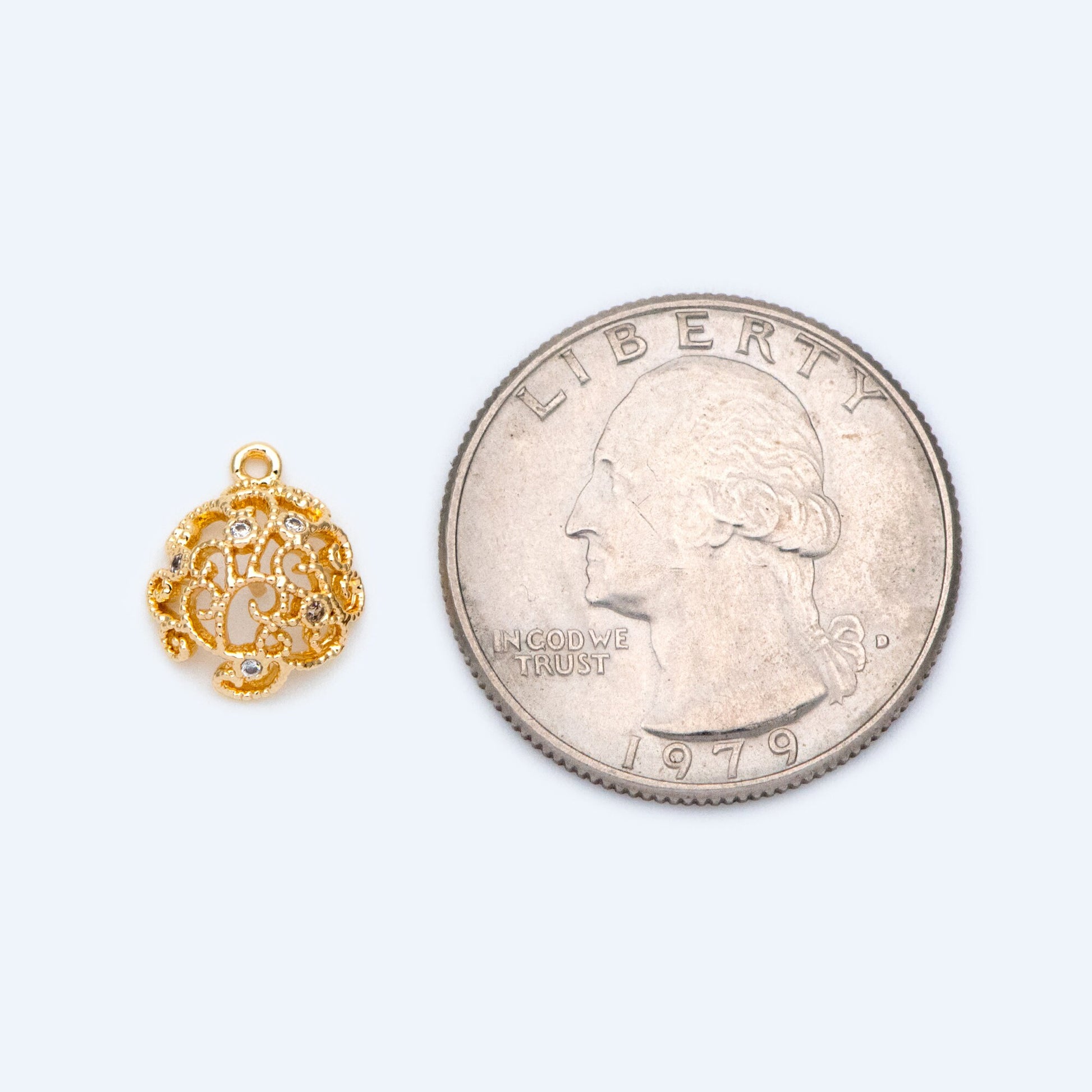 10pcs CZ Pave Gold Filigree Charms with Pearl Peg, Can Add Half-drilled Gemstones (GB-1462)