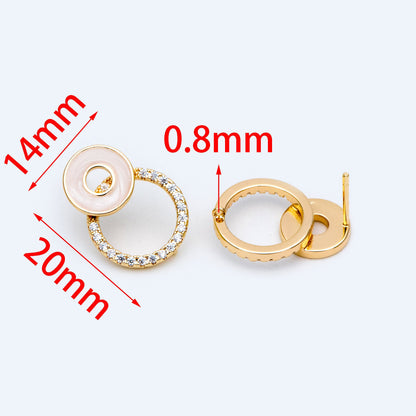 10pcs CZ Pave Enamel Circle Earring with Loop 14x20mm, 18K Gold plated Brass Ear Findings (#GB-1467)