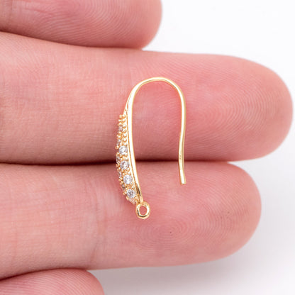10pcs CZ Pave Gold Earring Hook with Loop, 19x9mm, 18K Gold plated Brass Earwires, Shiny Earring Components Wholesale (GB-1447)
