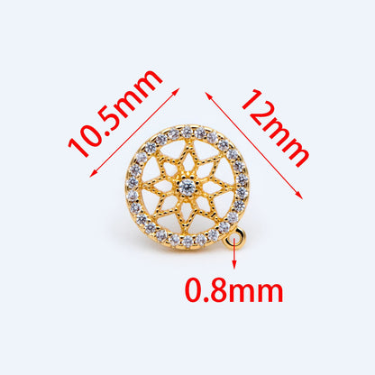 10pcs CZ Pave Flower Ear Posts 12mm, Round Filigree Stud Earrings with Loop (#GB-1450)