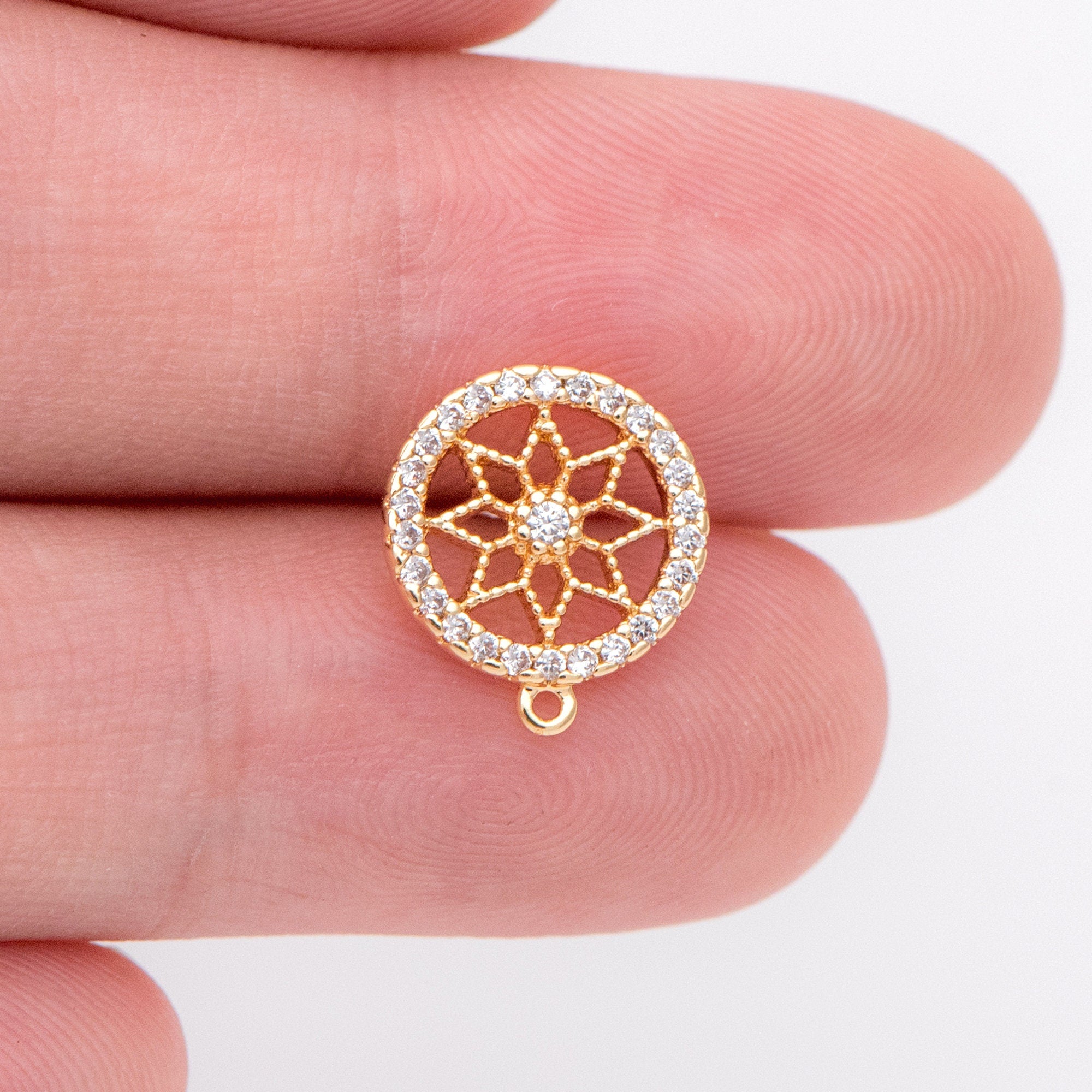 10pcs CZ Pave Flower Ear Posts 12mm, Round Filigree Stud Earrings with Loop (#GB-1450)