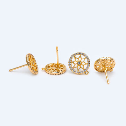 10pcs CZ Pave Flower Ear Posts 12mm, Round Filigree Stud Earrings with Loop (#GB-1450)