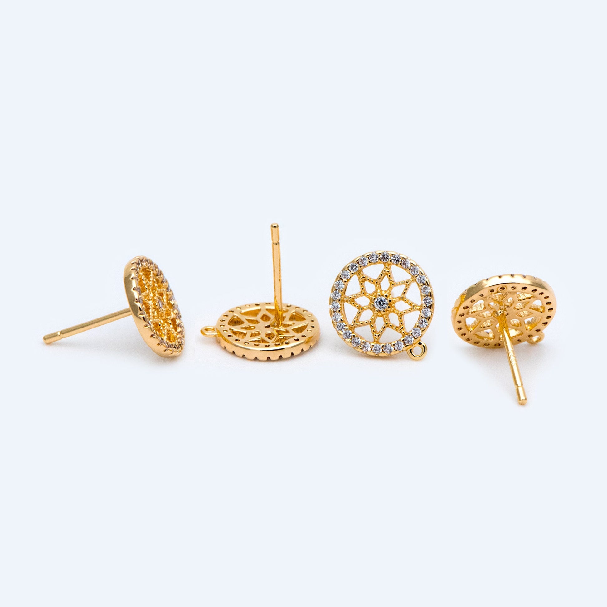 10pcs CZ Pave Flower Ear Posts 12mm, Round Filigree Stud Earrings with Loop (#GB-1450)
