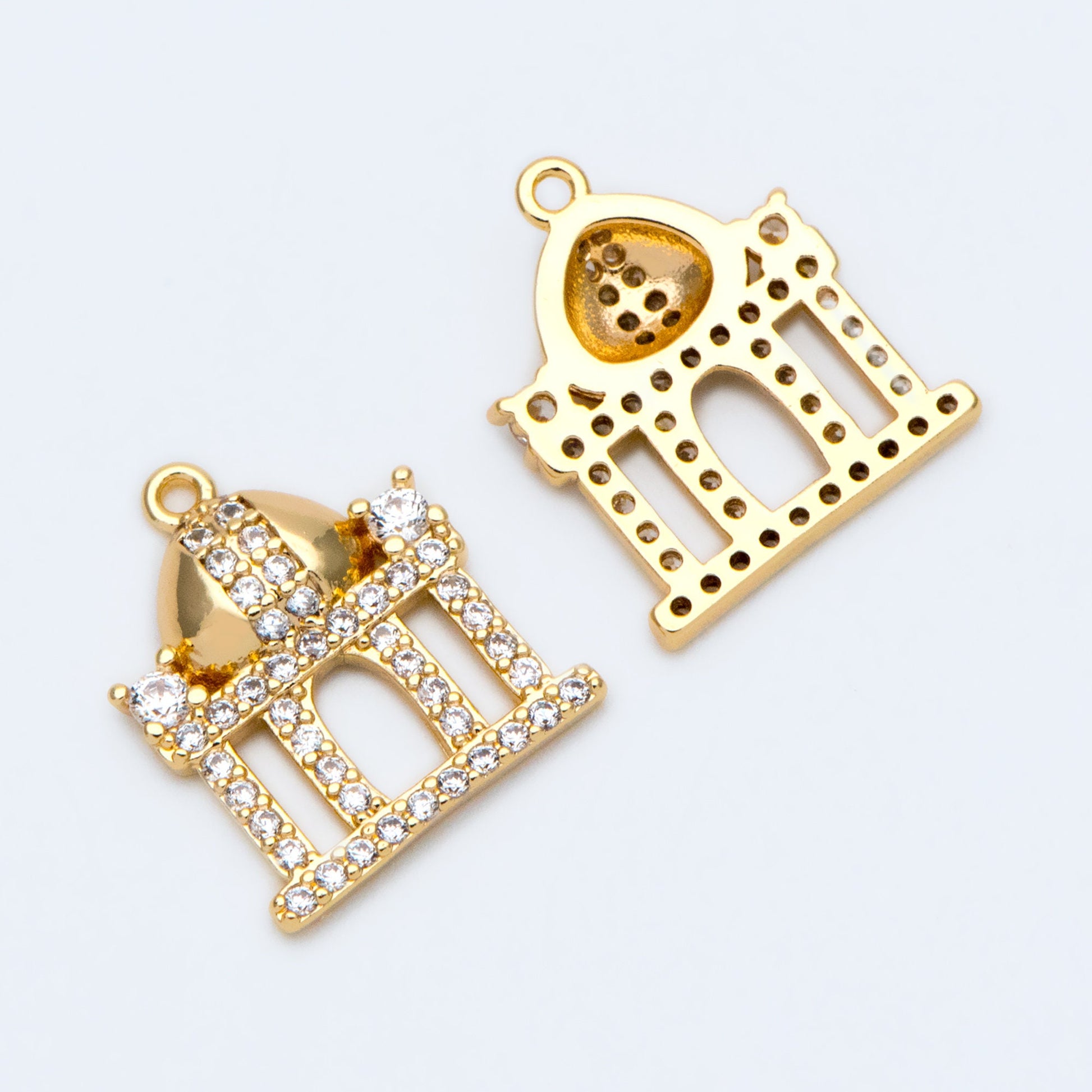 4pcs CZ pave Gold Castle Charm 15x13mm, Gold Plated Brass Castle Pendants (GB-1332)