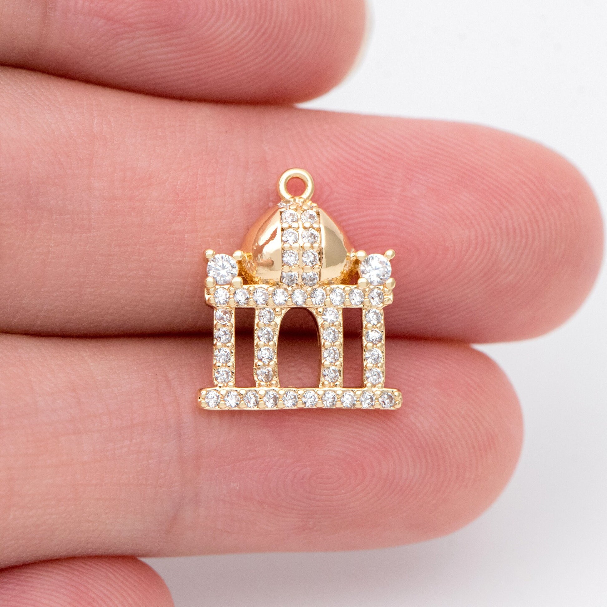 4pcs CZ pave Gold Castle Charm 15x13mm, Gold Plated Brass Castle Pendants (GB-1332)