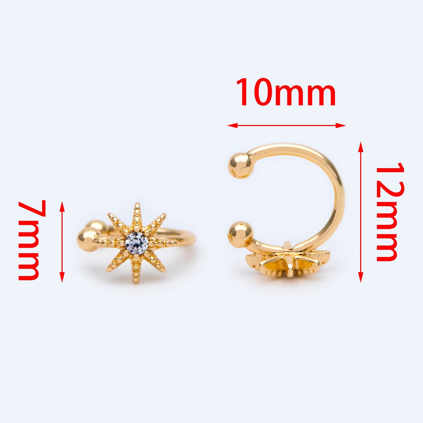 10pcs Cubic Zirconia Adjustable Gold Ear Cuffs, Gold plated Brass Earwire Earring Clips (GB-1336)