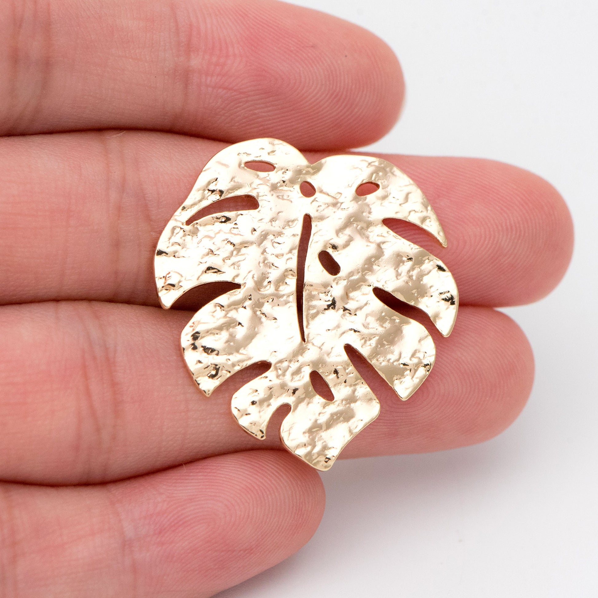 10pcs Gold plated Brass Textured Monstera Leaf Charm, 30mm, Hammered Palm Tree Leaves Pendants (GB-1422-J)