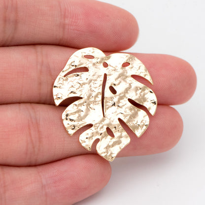 10pcs Gold plated Brass Textured Monstera Leaf Charm, 30mm, Hammered Palm Tree Leaves Pendants (GB-1422-J)