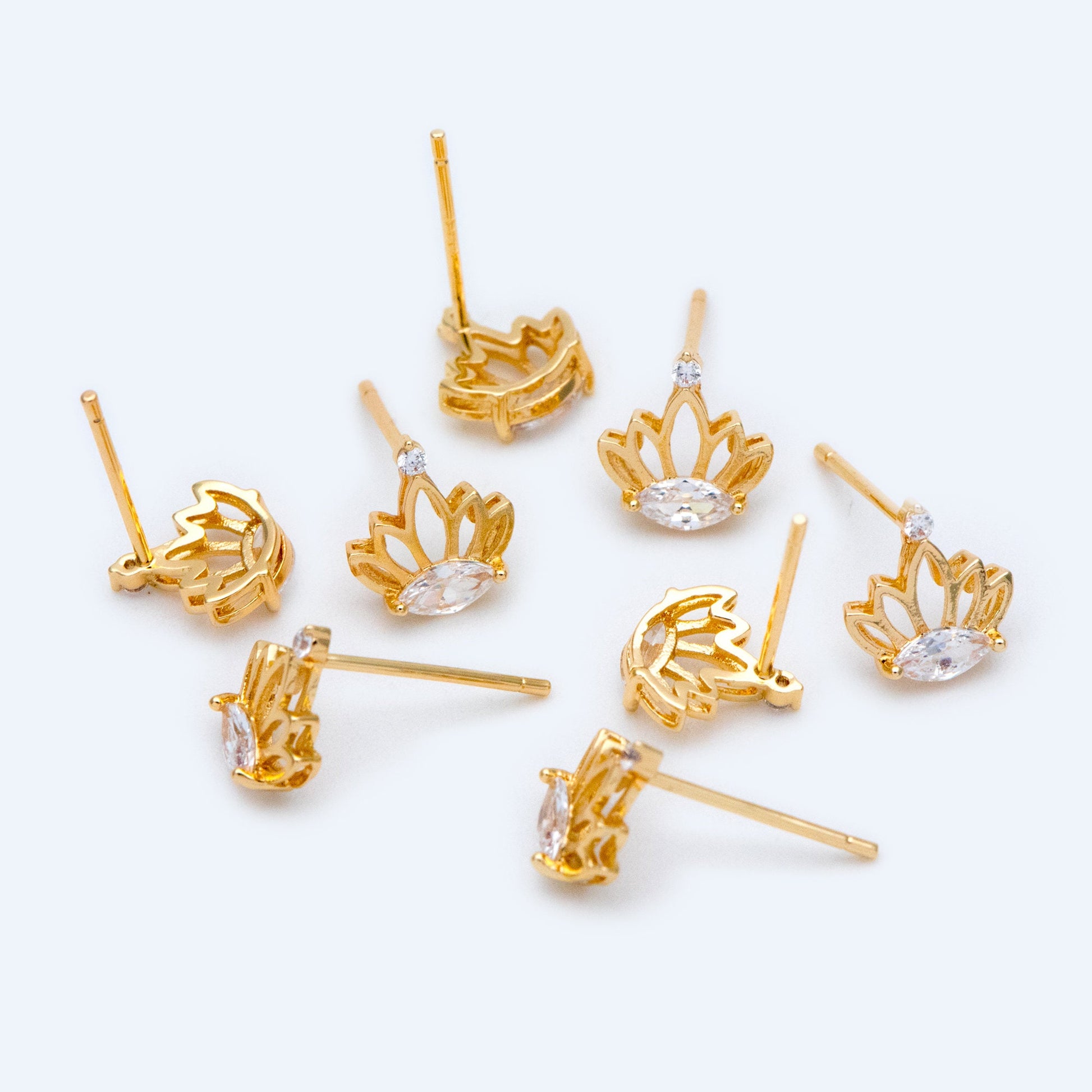 10pcs CZ Pave Gold Crown Earrings 8mm, Dainty Flower Stud Earrings (#GB-1453)