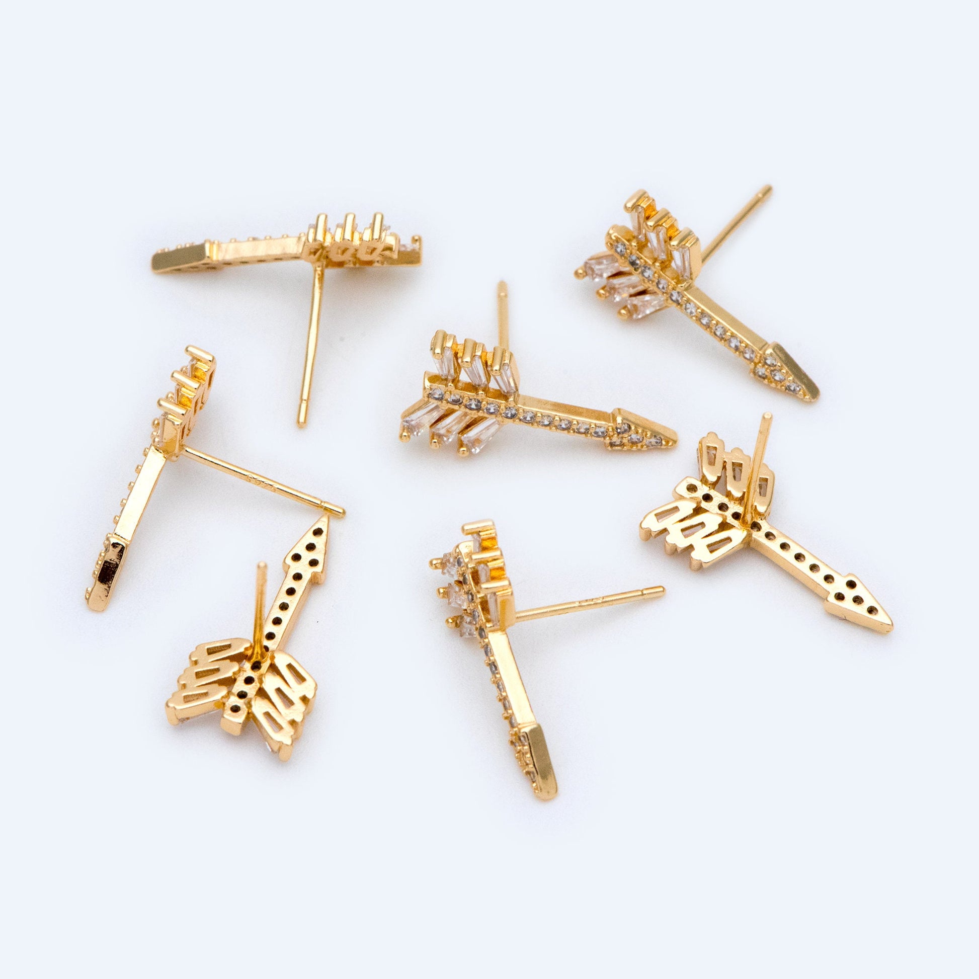 4pcs Arrows Stud Earrings, 18x9mm, CZ Pave Gold Arrows Ear Posts (#GB-1482)