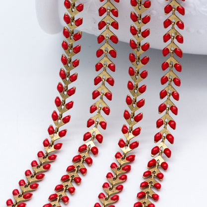 Red Enamel Brass Arrow Chain 6mm, Flat Chevron Chain, Herringbone Fish bone Designer Chain (#LK-048-6)/ 1 Meter=3.3ft