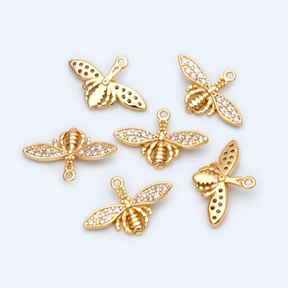 10pcs CZ Pave Bee Charm 18.5x12mm, 18K Gold Plated Brass, Bee Pendants (GB-3093-G)