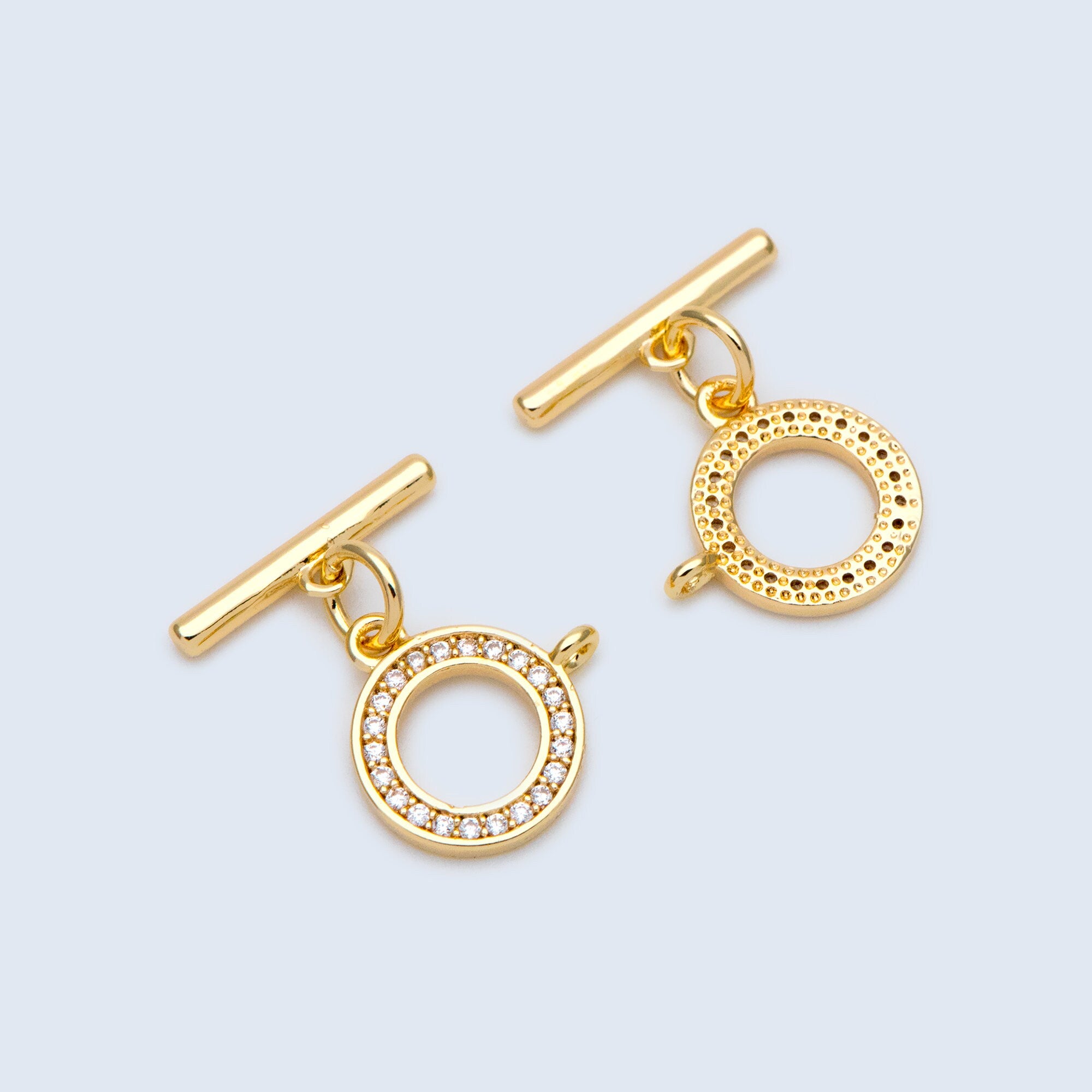 4 sets CZ Pave Gold Toggle Clasp With Loop, Real Gold plated Brass, Easy Close Clasp 10mm Smooth Round (GB-3544-H)