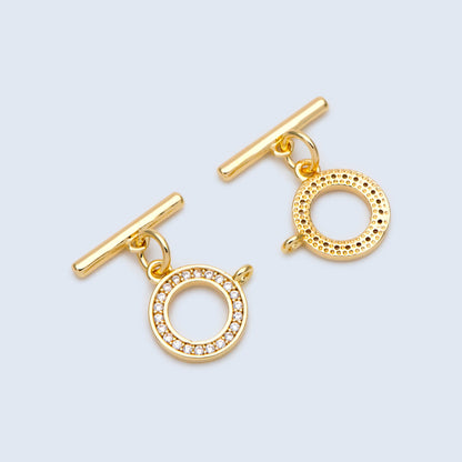 4 sets CZ Pave Gold Toggle Clasp With Loop, Real Gold plated Brass, Easy Close Clasp 10mm Smooth Round (GB-3544-H)