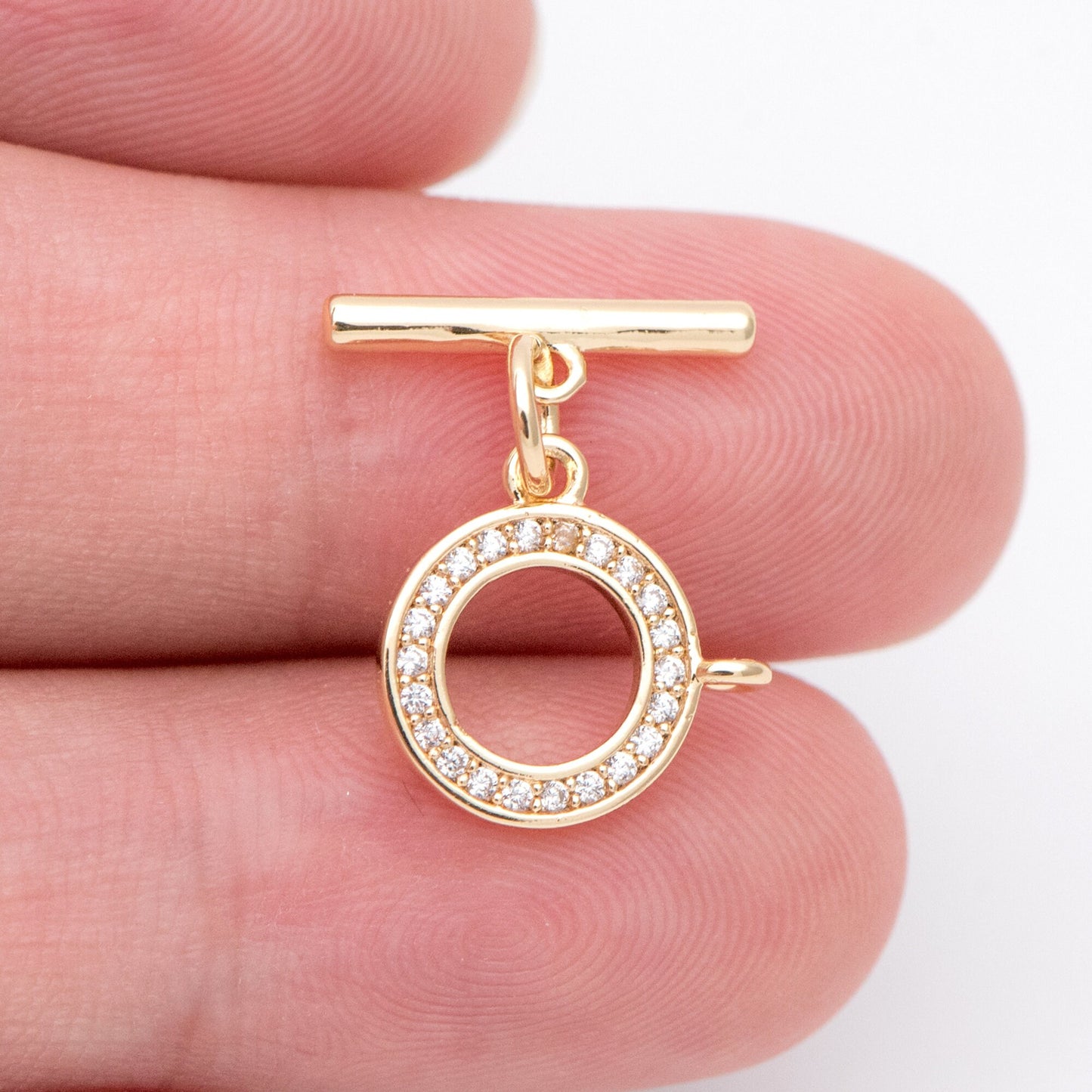 4 sets CZ Pave Gold Toggle Clasp With Loop, Real Gold plated Brass, Easy Close Clasp 10mm Smooth Round (GB-3544-H)