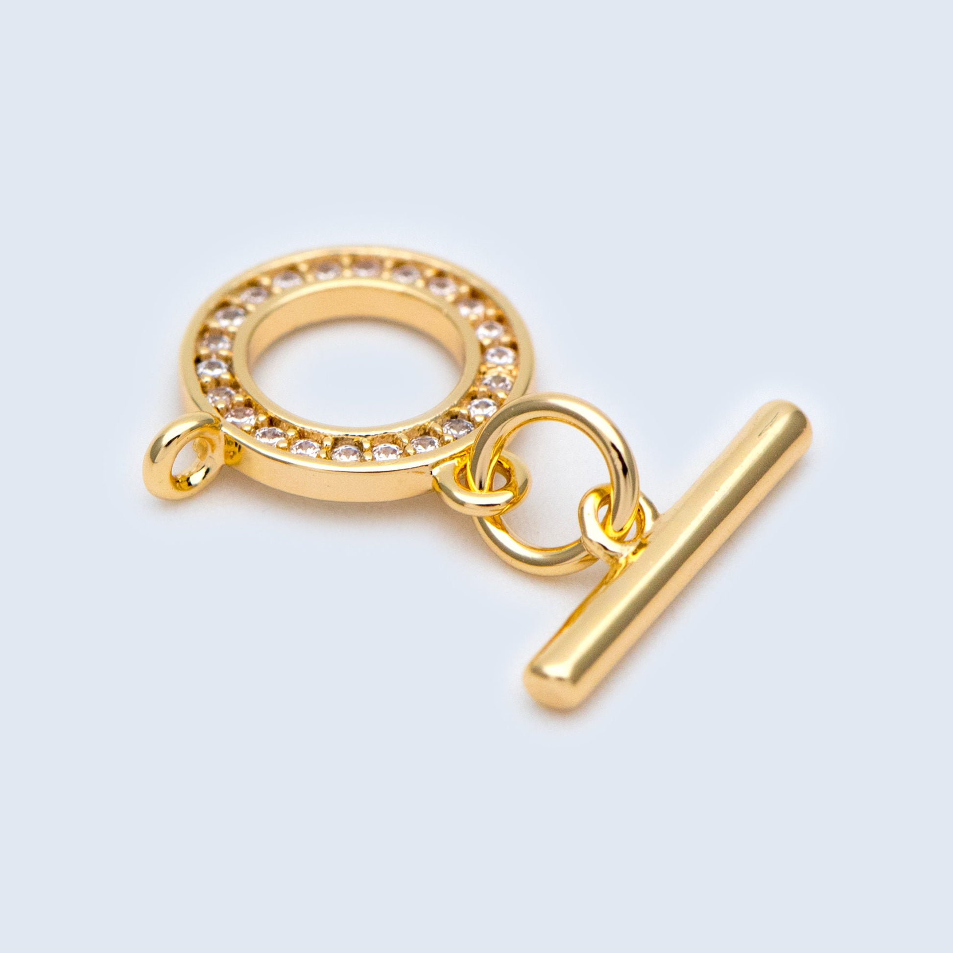 4 sets CZ Pave Gold Toggle Clasp With Loop, Real Gold plated Brass, Easy Close Clasp 10mm Smooth Round (GB-3544-H)