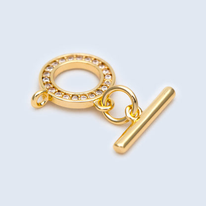 4 sets CZ Pave Gold Toggle Clasp With Loop, Real Gold plated Brass, Easy Close Clasp 10mm Smooth Round (GB-3544-H)