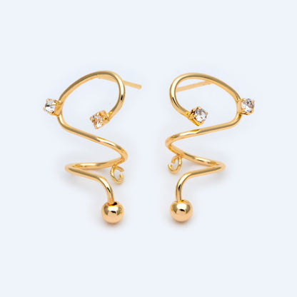 4pcs Spiral Earring with Loop, 18K Gold plated Brass, Spin In Earrings, Wire Earrings (#GB-1419)