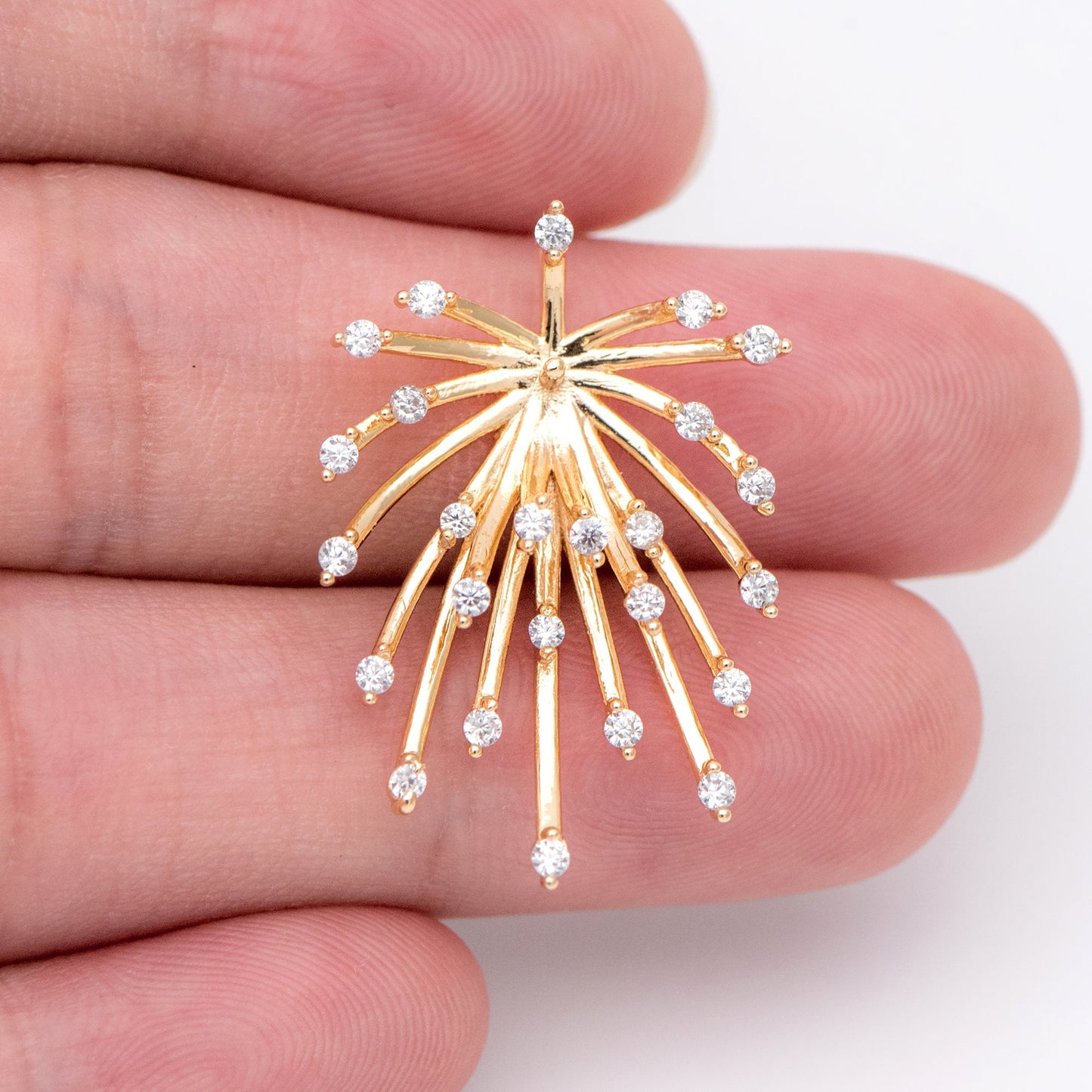 4pcs CZ Pave Gold/ Silver tone Fireworks Charm 27x14mm, DIY Pendant Drop Bail, Peg Pearl Findings, Pearl Setting (GB-1424)