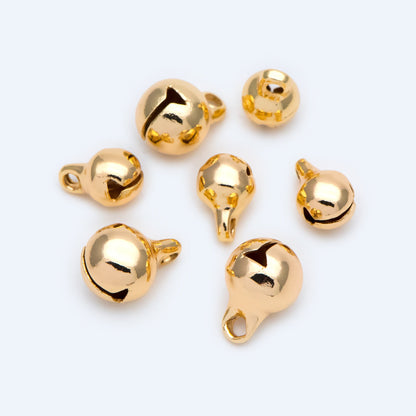 10pcs Gold/ Silver Tone Jingle Bell Charms, 6/ 8/ 10mm, Real Gold/ Rhodium plated Brass, Round Cat Bell Charms Can Ring (GB-192)