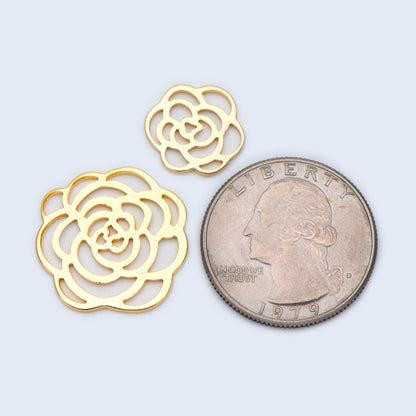 10pcs Gold Hollow Flower Charm Pendants 14/22mm, Real Gold plated Brass Connectors (GB-1487)