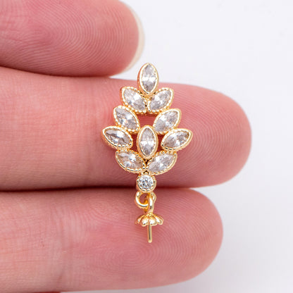 4pcs CZ Pave Gold Floral Charms, 13x24mm, DIY Pearl Peg Mounts, Half Drilled Pearl Settings (GB-1489)