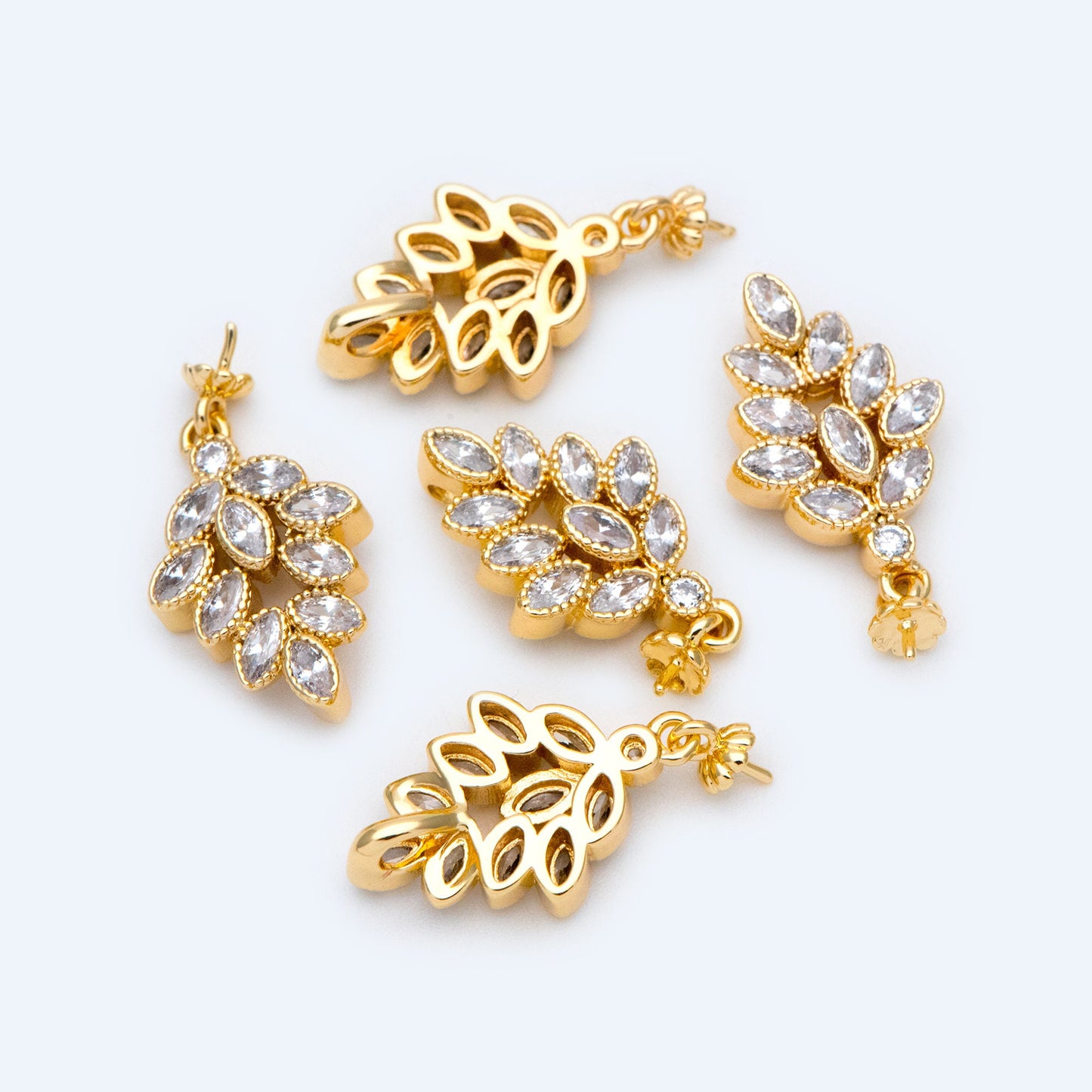 4pcs CZ Pave Gold Floral Charms, 13x24mm, DIY Pearl Peg Mounts, Half Drilled Pearl Settings (GB-1489)