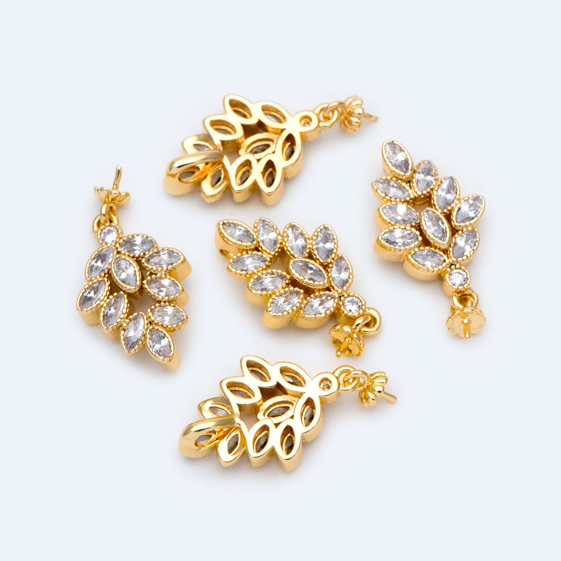 4pcs CZ Pave Gold Floral Charms, 13x24mm, DIY Pearl Peg Mounts, Half Drilled Pearl Settings (GB-1489)