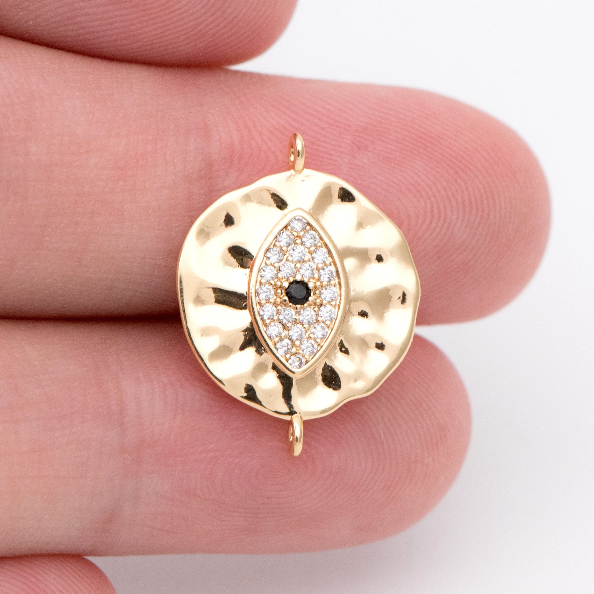 4pcs CZ Pave Gold Coin Connectors 19x15mm, 18K Gold plated Brass, Round Evil Eyes Charm Pendants (GB-1491)