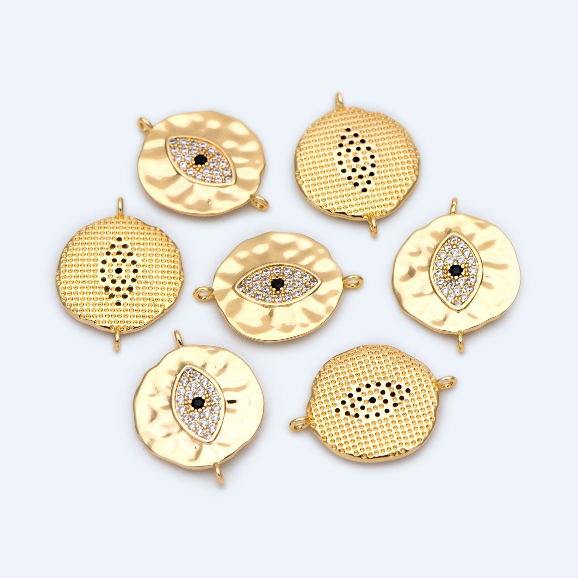 4pcs CZ Pave Gold Coin Connectors 19x15mm, 18K Gold plated Brass, Round Evil Eyes Charm Pendants (GB-1491)