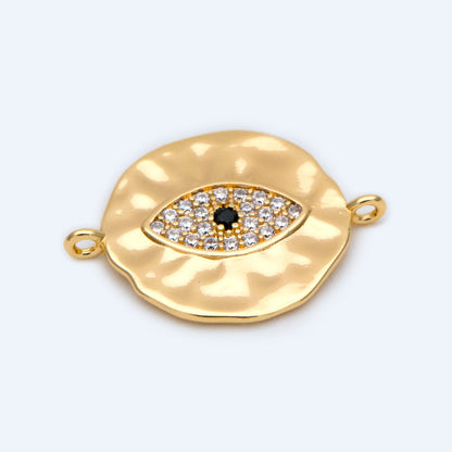 4pcs CZ Pave Gold Coin Connectors 19x15mm, 18K Gold plated Brass, Round Evil Eyes Charm Pendants (GB-1491)