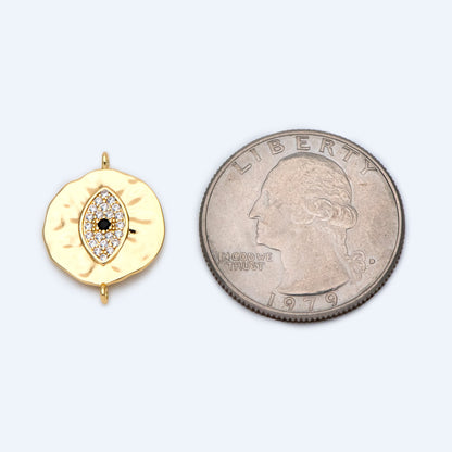 4pcs CZ Pave Gold Coin Connectors 19x15mm, 18K Gold plated Brass, Round Evil Eyes Charm Pendants (GB-1491)
