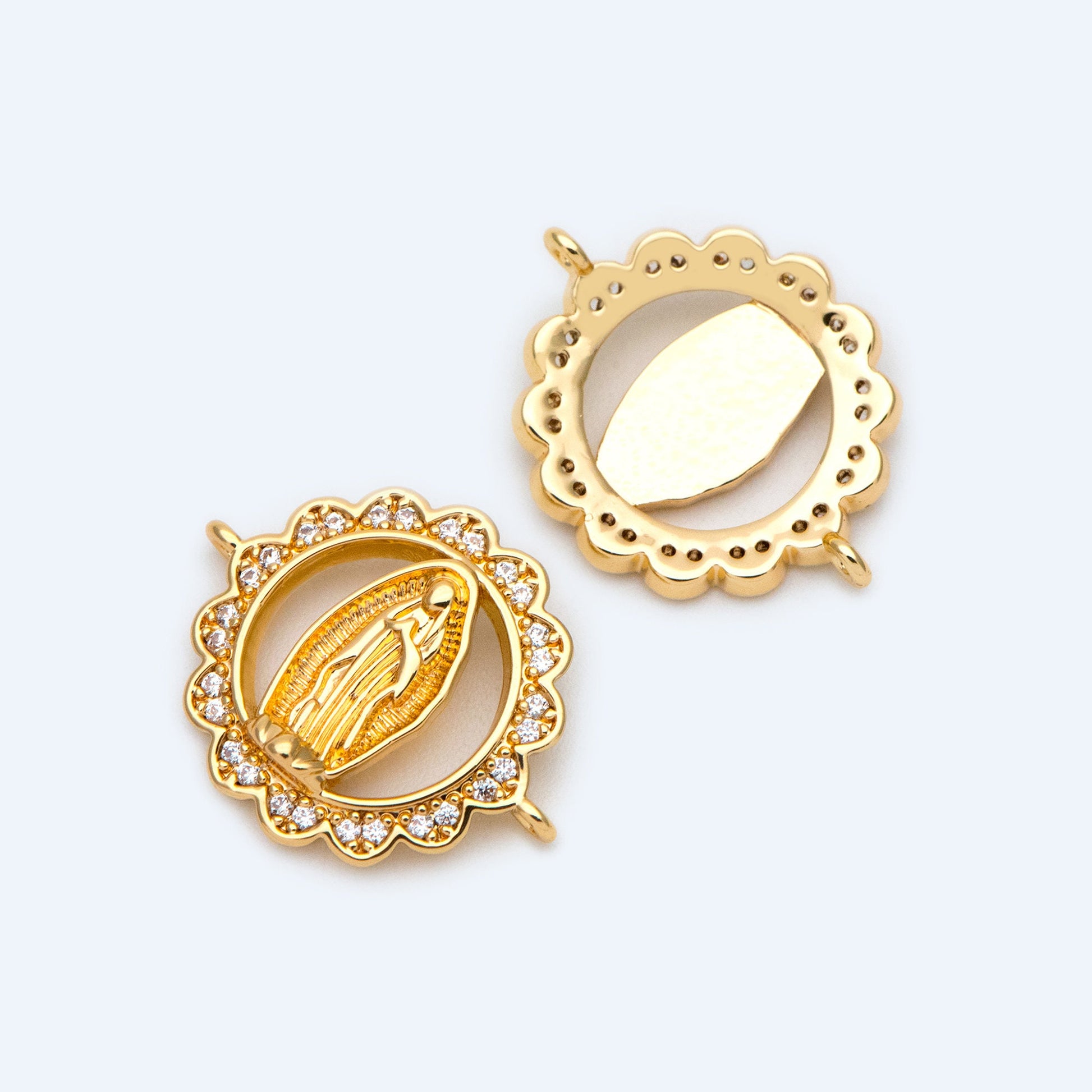 4pcs CZ pave Gold Hollow Virgin Mother Mary Connectors, Catholic Baptism Lady Guadalupe Charm, Medallion Religious Jewelry Craft (GB-4395-C)