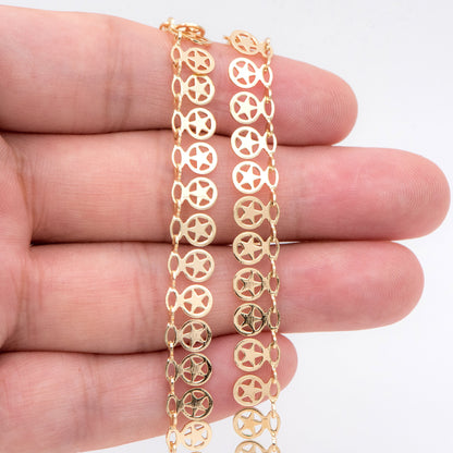 Gold Star Charm chain, 18K Real Gold plated Brass Chain, Quality Chain for Necklace Wholesale (#LK-417)/ 1 Meter=3.3ft