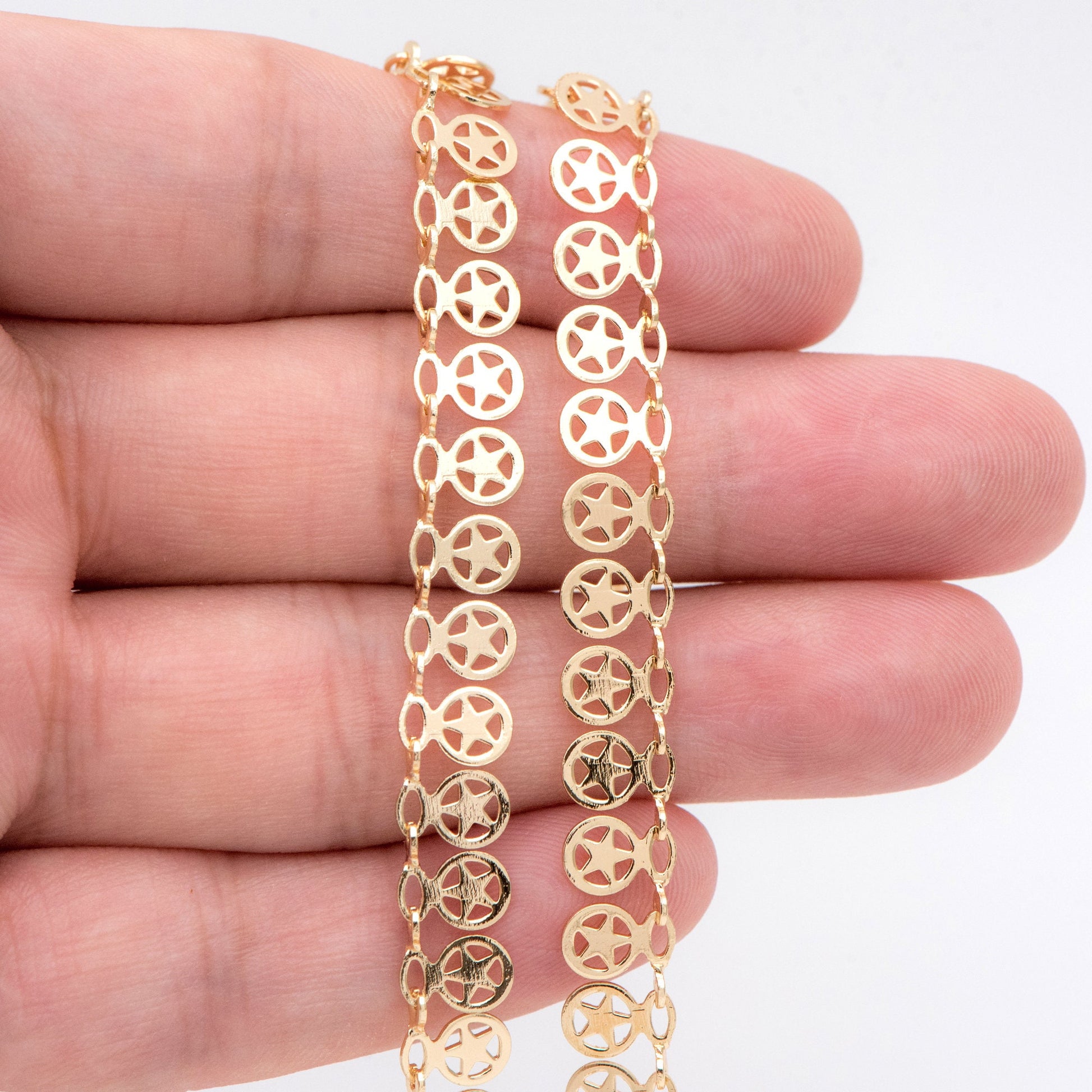 Gold Star Charm chain, 18K Real Gold plated Brass Chain, Quality Chain for Necklace Wholesale (#LK-417)/ 1 Meter=3.3ft