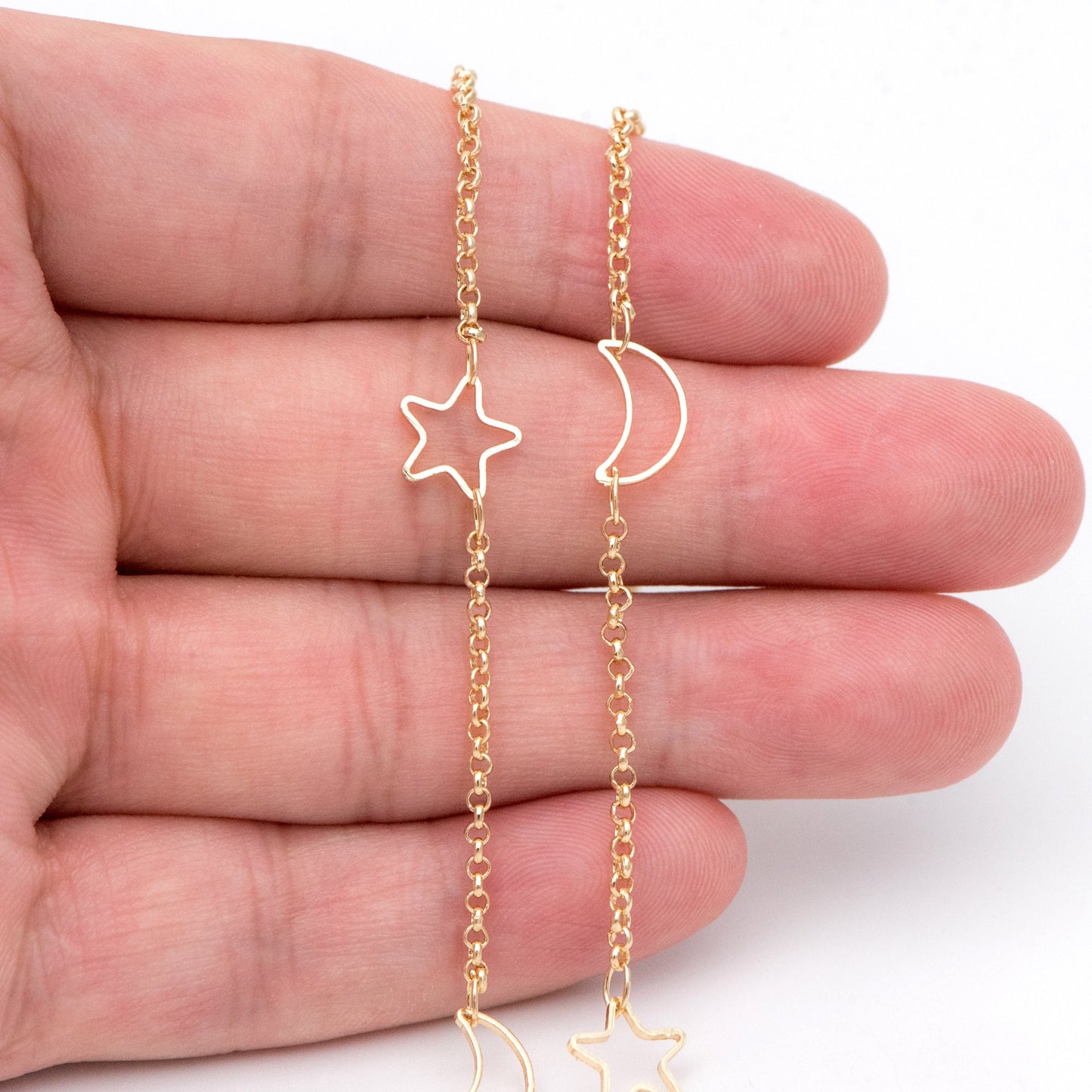 Gold Star And Moon Chain, 18K Gold plated Brass Star And Crescent Chain Wholesale (#LK-419)/ 1 Meter=3.3ft