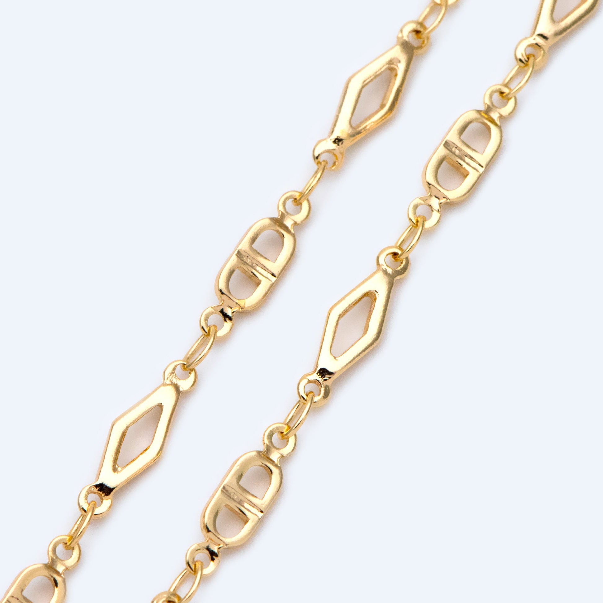 Gold plated Brass Rhombus and Mariner Link Chain, 18K Gold plated Brass Chains (#LK-398)/ 1 Meter=3.3 ft