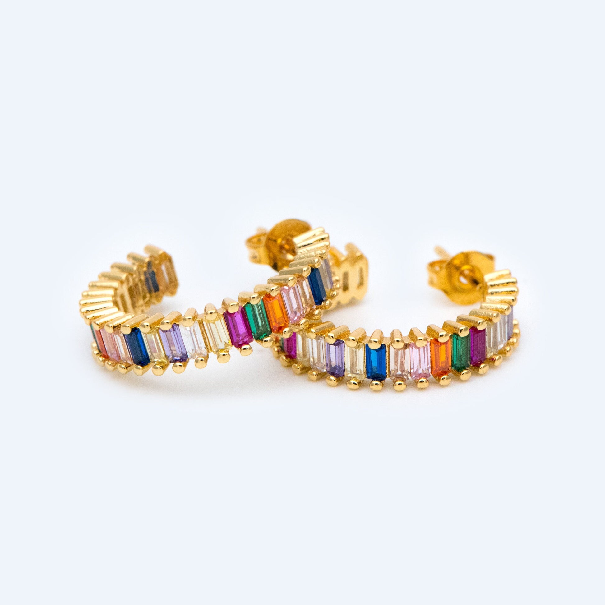 4pcs Gold Colourful CZ Pave Earring Studs, 20mm, 18K Gold Plated Brass Ear Posts (GB-1382)