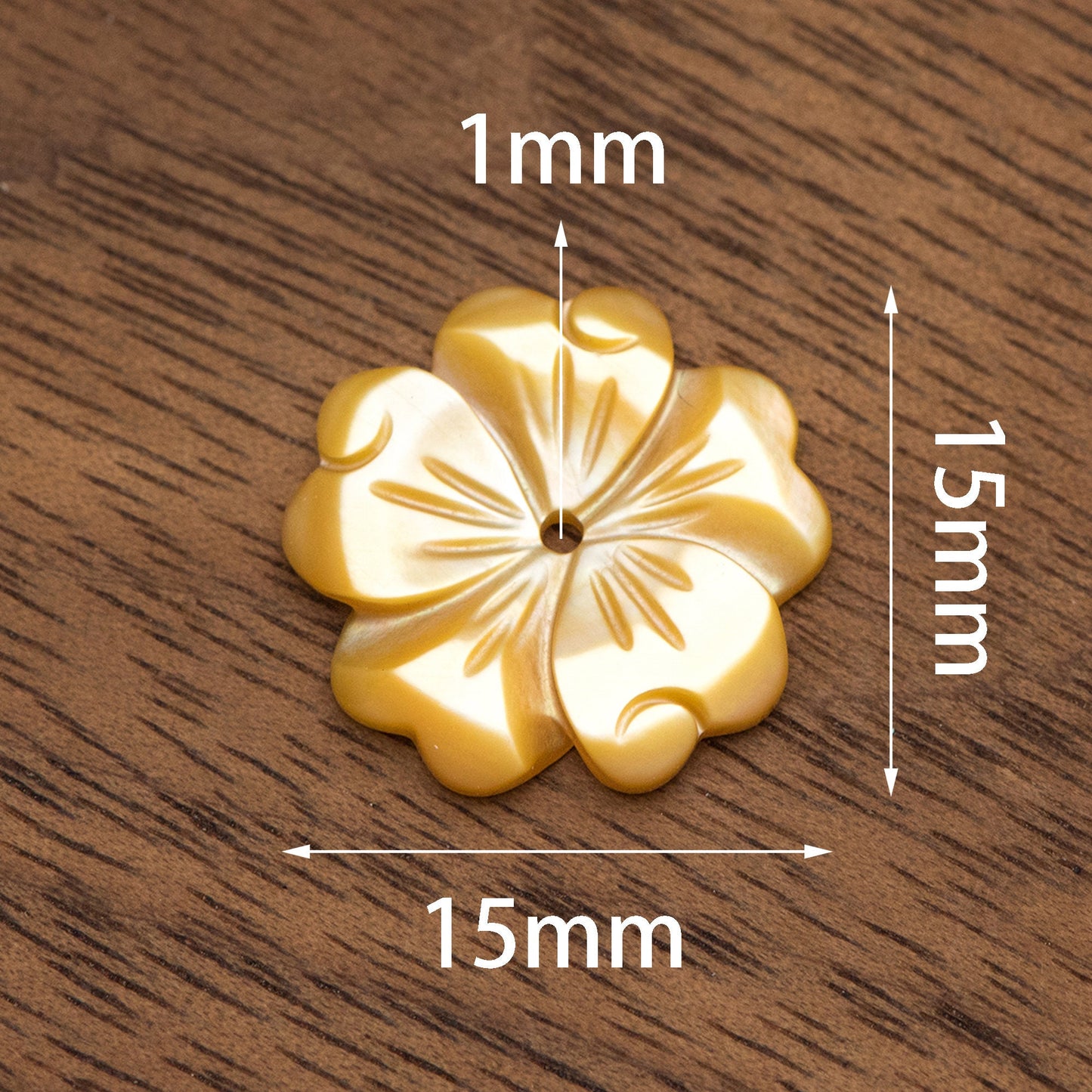 10pcs Yellow Mother of Pearl Flowers, Carved MOP Shell Flowers 15mm, Center Drilled (V1356-2)