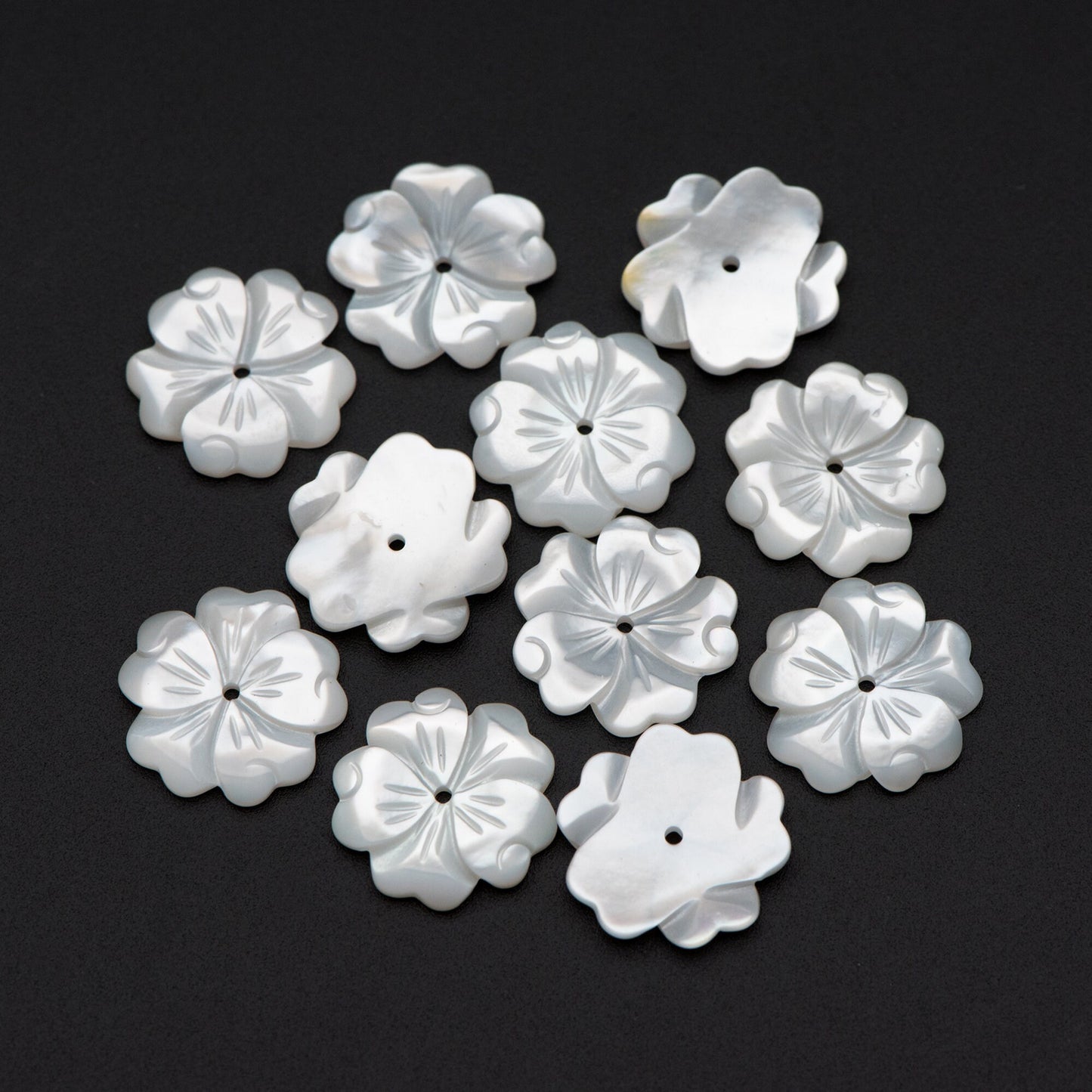 10pcs White Mother of Pearl Flowers, Carved MOP Shell Flowers 15mm, Center Drilled (V1356-1)