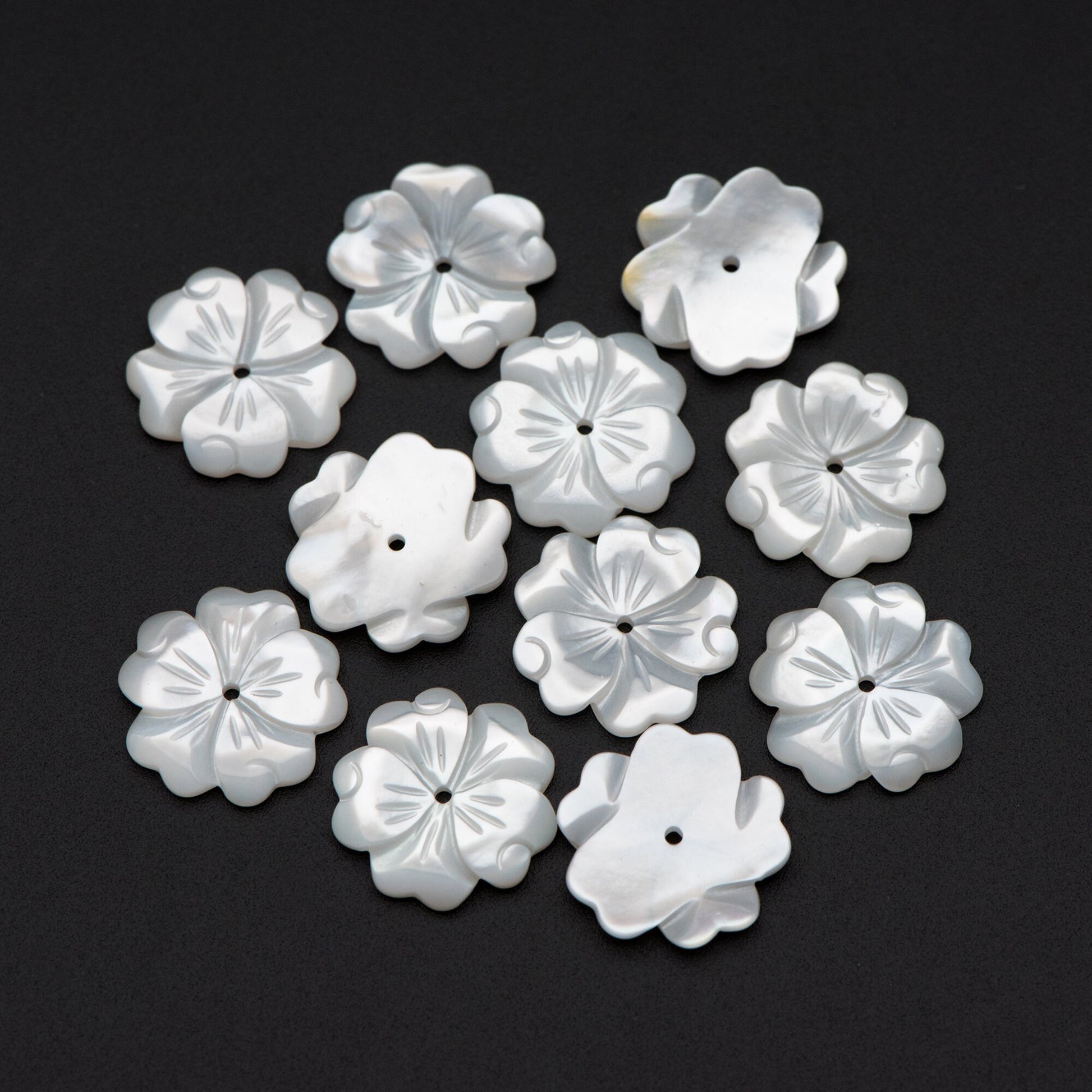 10pcs White Mother of Pearl Flowers, Carved MOP Shell Flowers 15mm, Center Drilled (V1356-1)