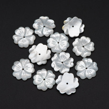 10pcs White Mother of Pearl Flowers, Carved MOP Shell Flowers 15mm, Center Drilled (V1356-1)