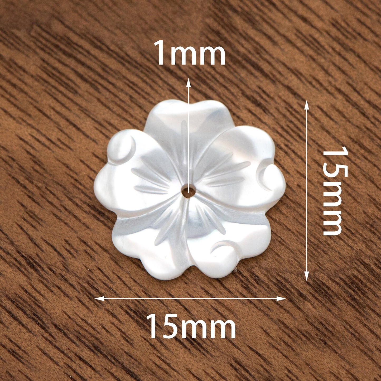 10pcs White Mother of Pearl Flowers, Carved MOP Shell Flowers 15mm, Center Drilled (V1356-1)