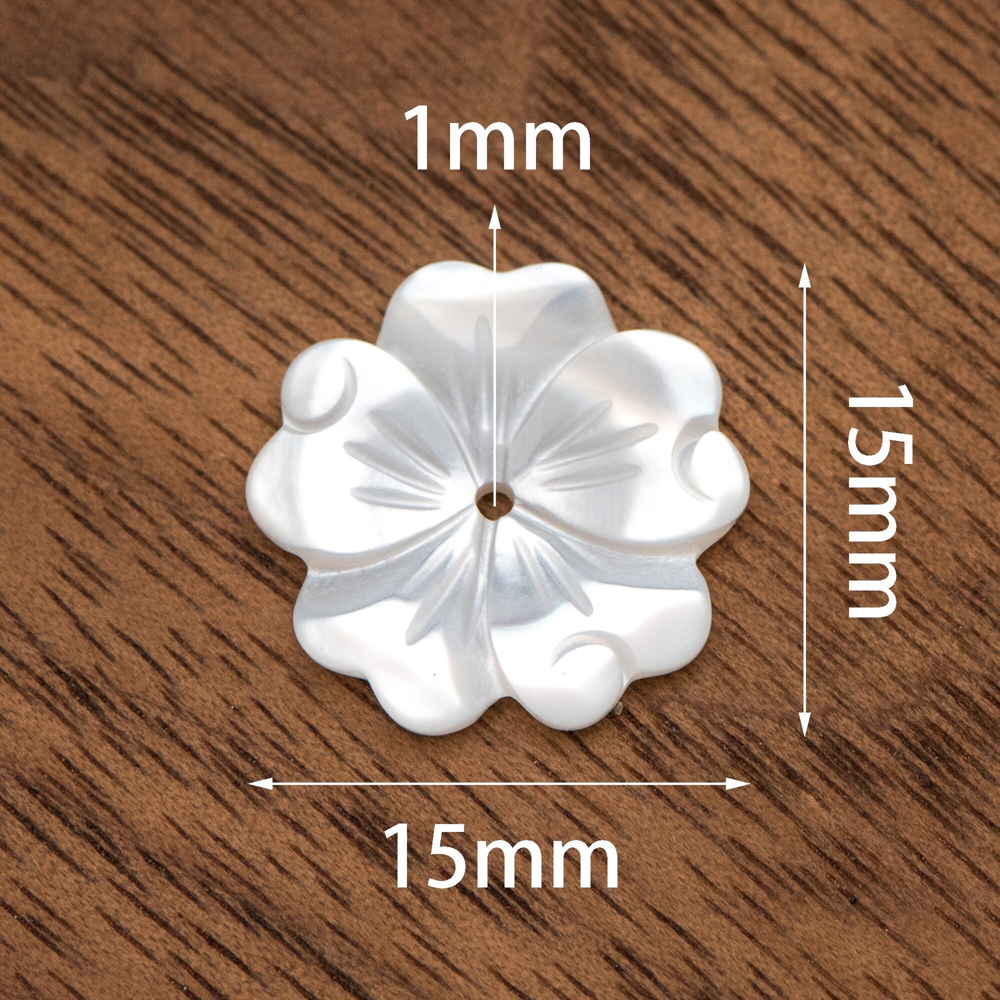 10pcs White Mother of Pearl Flowers, Carved MOP Shell Flowers 15mm, Center Drilled (V1356-1)