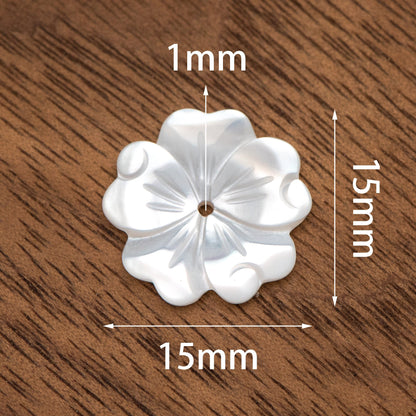 10pcs White Mother of Pearl Flowers, Carved MOP Shell Flowers 15mm, Center Drilled (V1356-1)