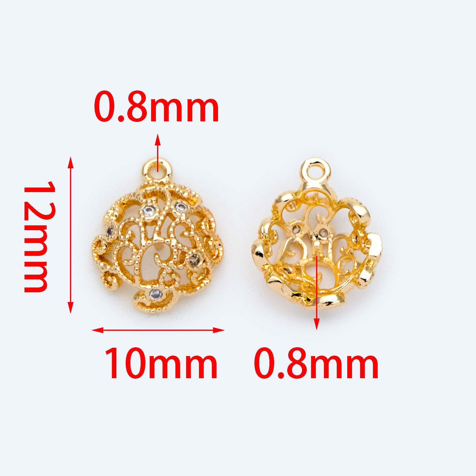 10pcs CZ Pave Gold Filigree Charms with Pearl Peg, Can Add Half-drilled Gemstones (GB-1462)