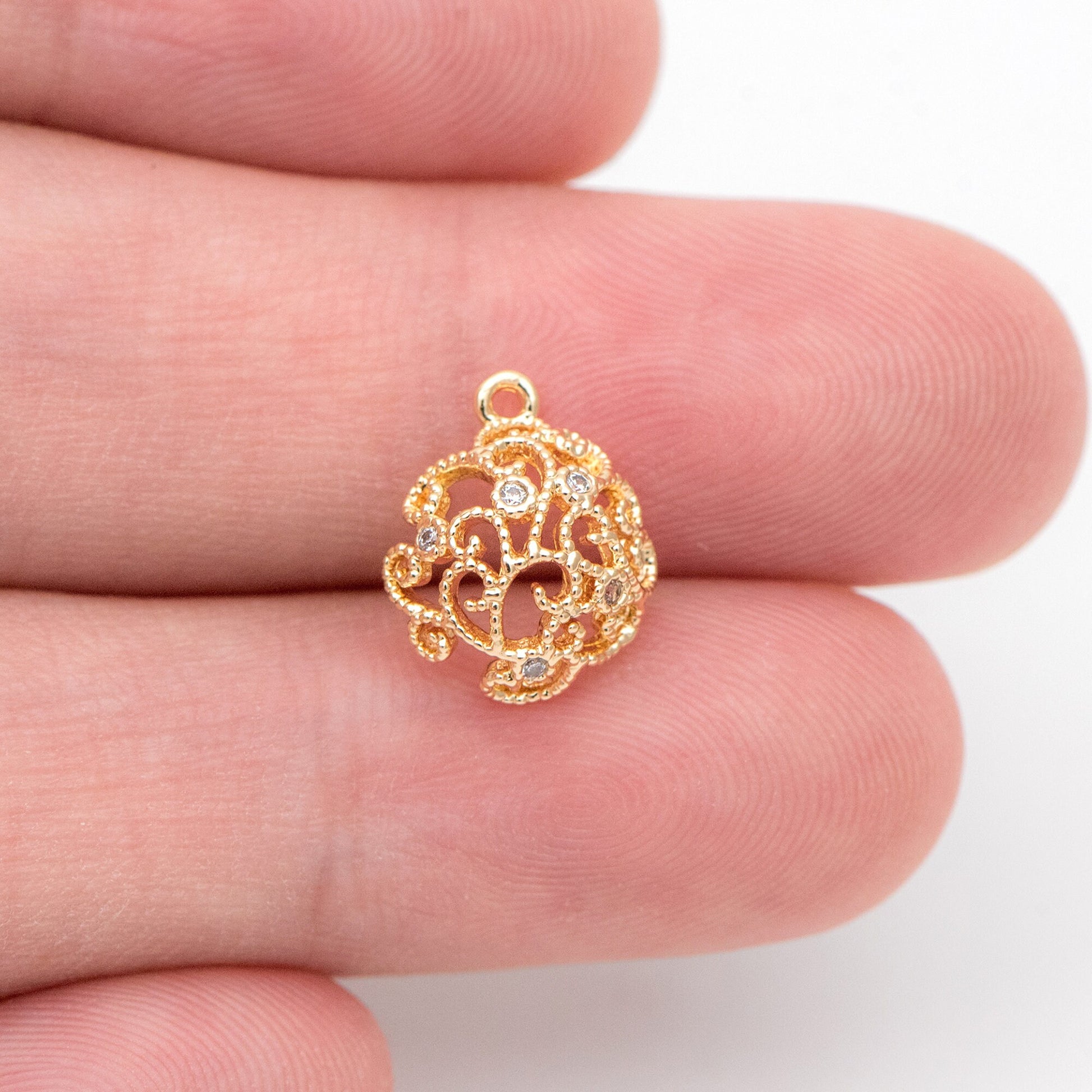 10pcs CZ Pave Gold Filigree Charms with Pearl Peg, Can Add Half-drilled Gemstones (GB-1462)